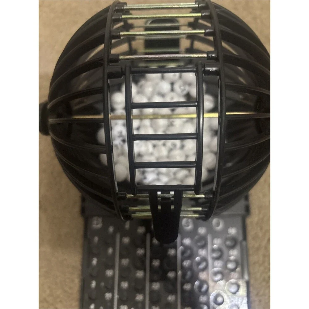 Black Metal Bingo Ball Roller Tumbler Hopper w 1/2-inch Numbered Balls 5x4” Cage